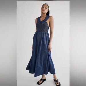 Free People Bambi Girl Midi Maxi Dress Denim Collared Smocked Bodice DRESS